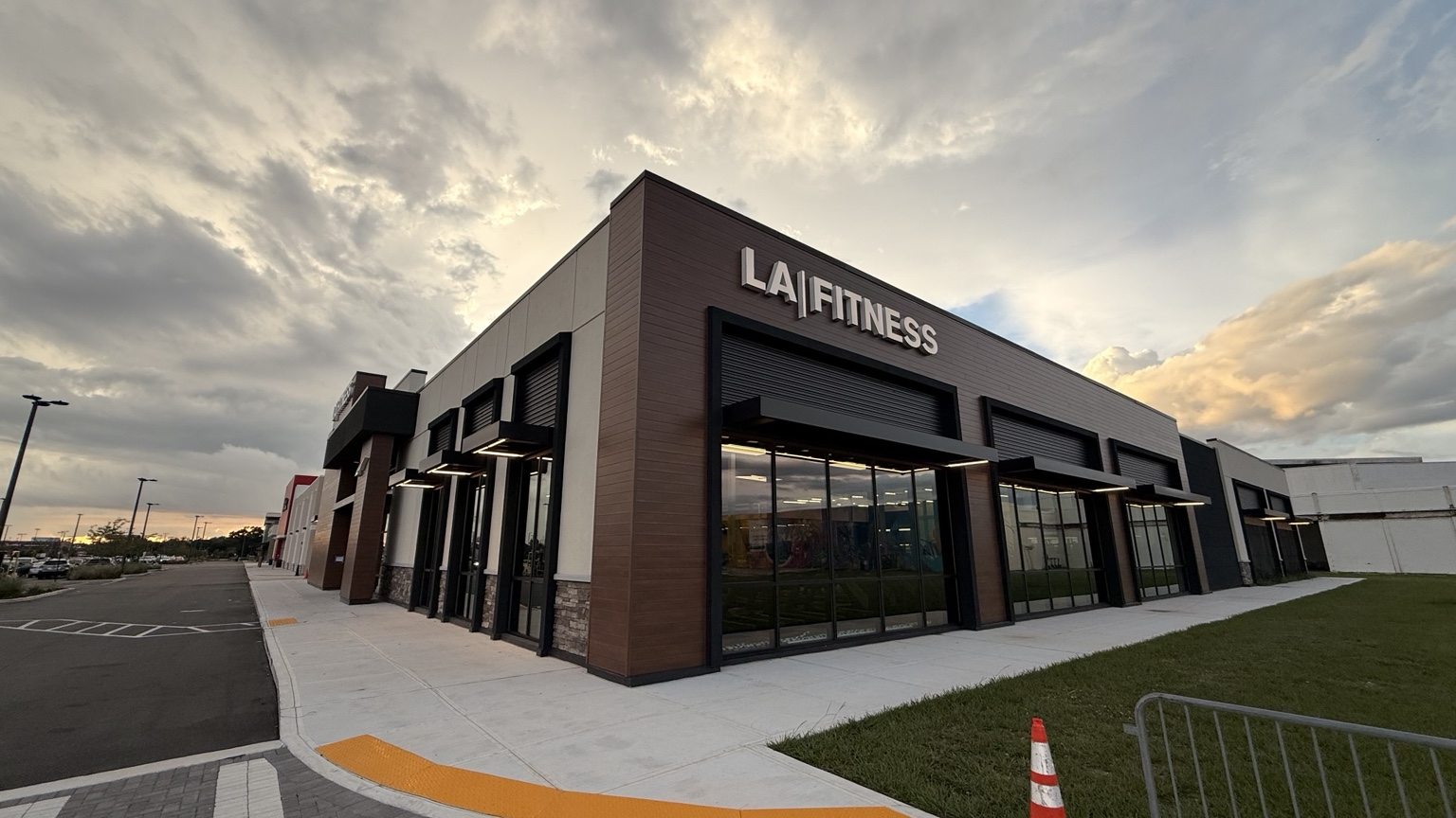 Completed LA Fitness storefront and side elevation